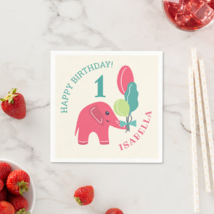 Serviette En Papier Éléphant avec ballons pour 1er anniversaire fille