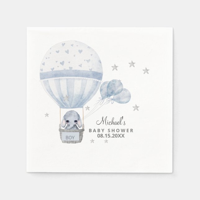 Serviette En Papier Eléphant baby shower avec ballon chaud à air (Devant)