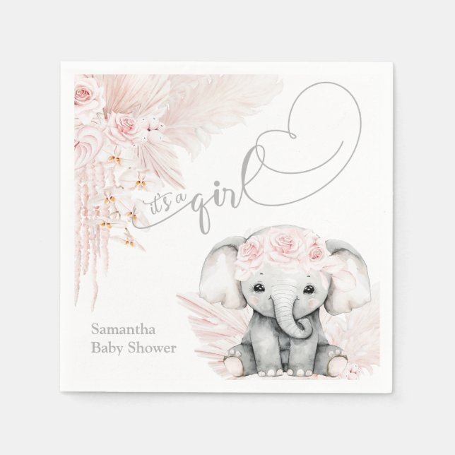 Serviette En Papier Elephant Blash Baby shower Boho Rose Fleur (Devant)
