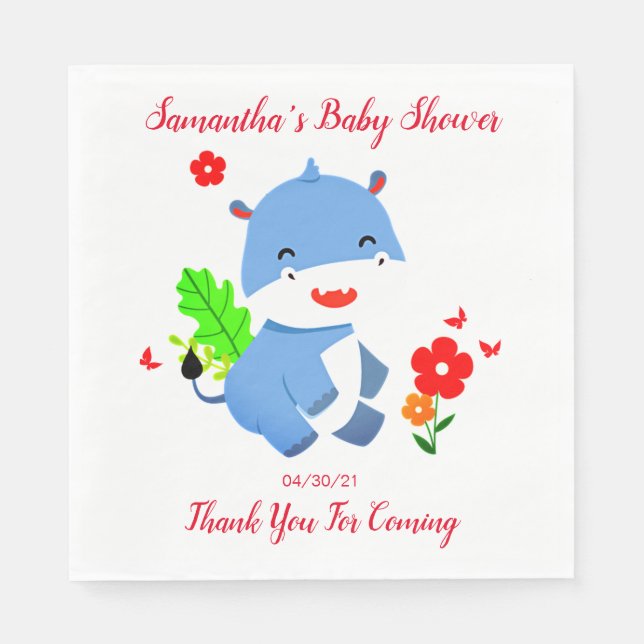Serviette En Papier Eléphant Bleu Cute Avec Baby shower Fleurs Rouges (Devant)