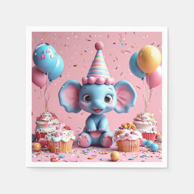 Serviette En Papier éléphant d'anniversaire avec gâteau et ballons (Devant)