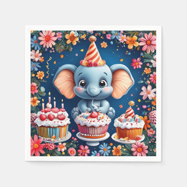 Serviette En Papier éléphant d'anniversaire avec gâteau et ballons (Devant)