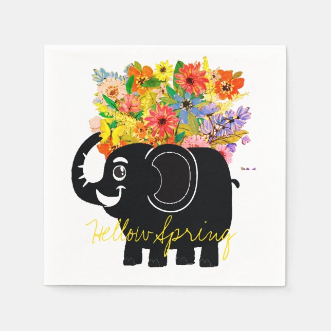 Serviette en papier éléphant et fleurs (Devant)