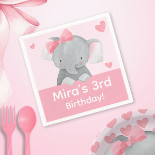 Serviette En Papier Éléphant Féminin Mignon Anniversaire Rose Ruban Fê