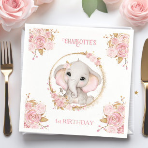 Serviette En Papier Eléphant Girl rose Floral 1er Anniversaire serviet