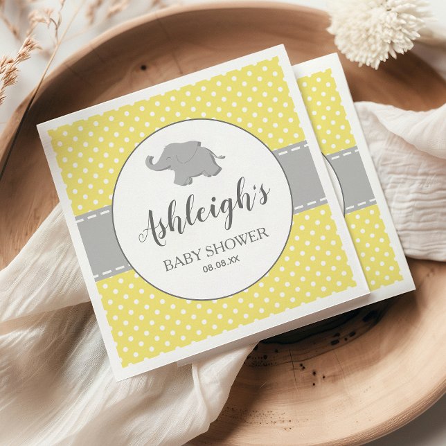 Serviette En Papier Eléphant gris jaune Polka Baby shower (Créateur téléchargé)