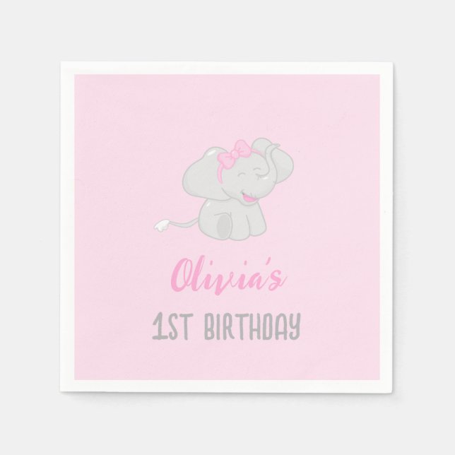 Serviette En Papier Eléphant mignon 1er anniversaire fille (Devant)