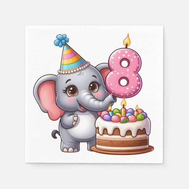 Serviette En Papier Éléphant Mignon 8ème Anniversaire (Devant)