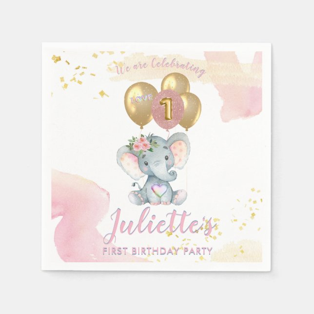 Serviette En Papier Eléphant rose de charme premier anniversaire fille (Devant)