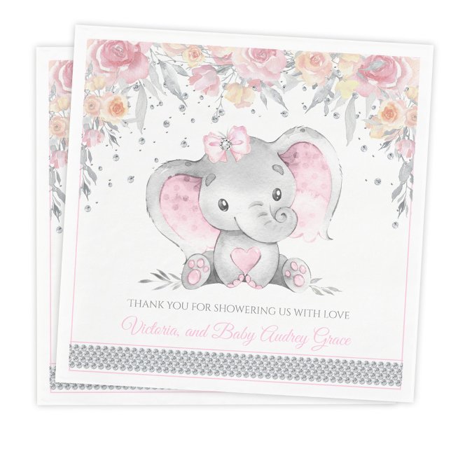 Serviette En Papier Eléphant rose Gris Diamant Baby shower floral (Personalize with optional text.)