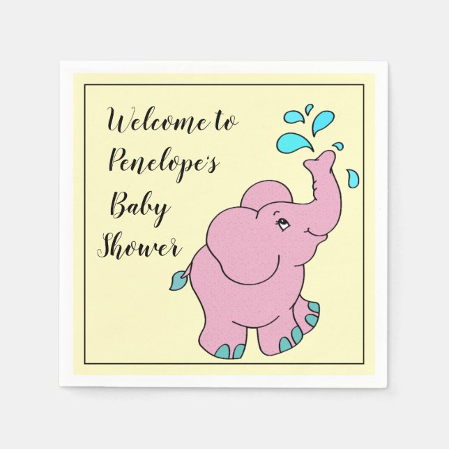 Serviette En Papier Eléphant rose mignon avec votre nom Baby shower (Devant)