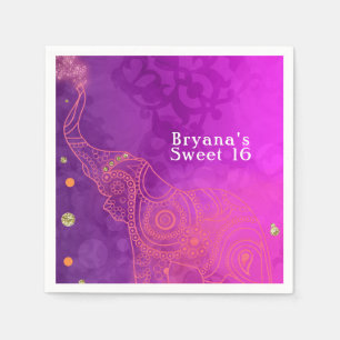 Serviette En Papier Éléphant Violet Rose Orange Et Or Fête Sur Mesure