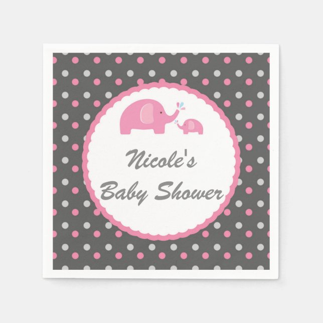 Serviette En Papier Eléphants baby shower rose gris et blanc (Devant)