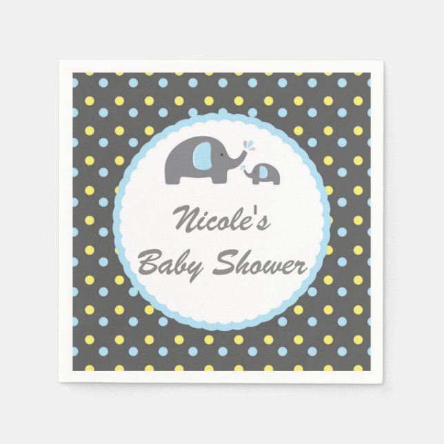 Serviette En Papier Éléphants de Baby Shower Bleu Gris & Jaune (Devant)
