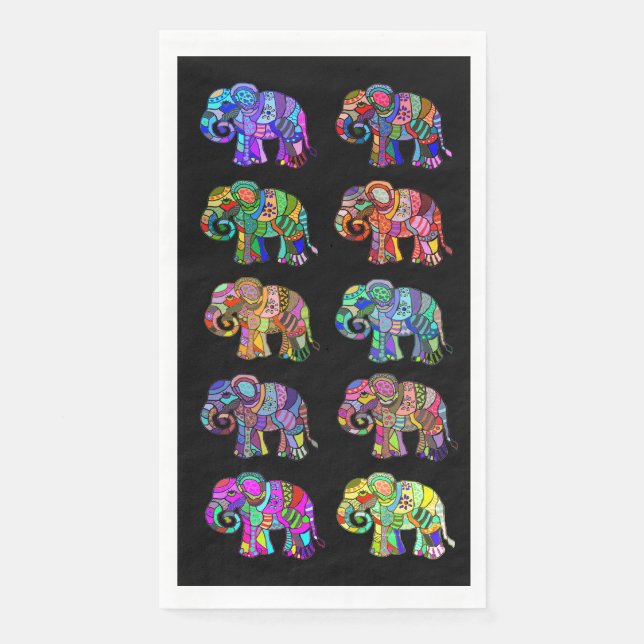 Serviette En Papier Éléphants Ethniques Colorés Élégants sur Fond Noir (Devant)
