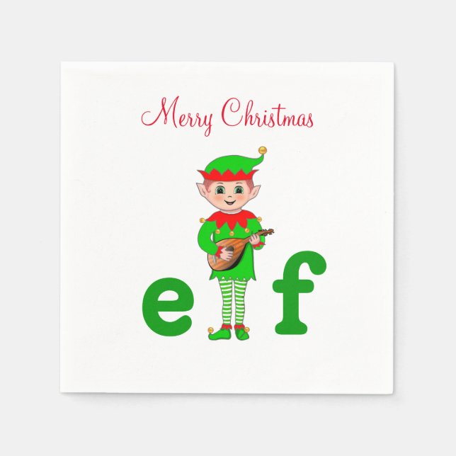 Serviette En Papier Elfe musical de Noël moderne sur fond blanc (Devant)