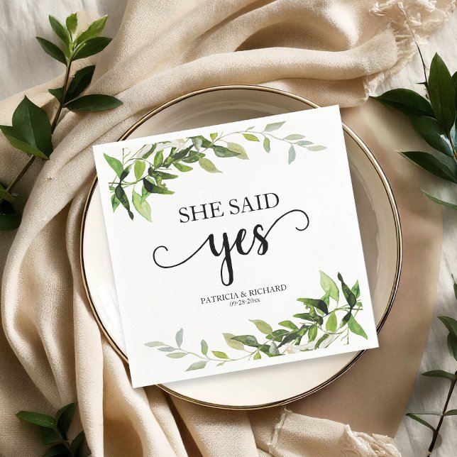 Serviette En Papier Elle a dit oui Greenery Or Engagement (Créateur téléchargé)
