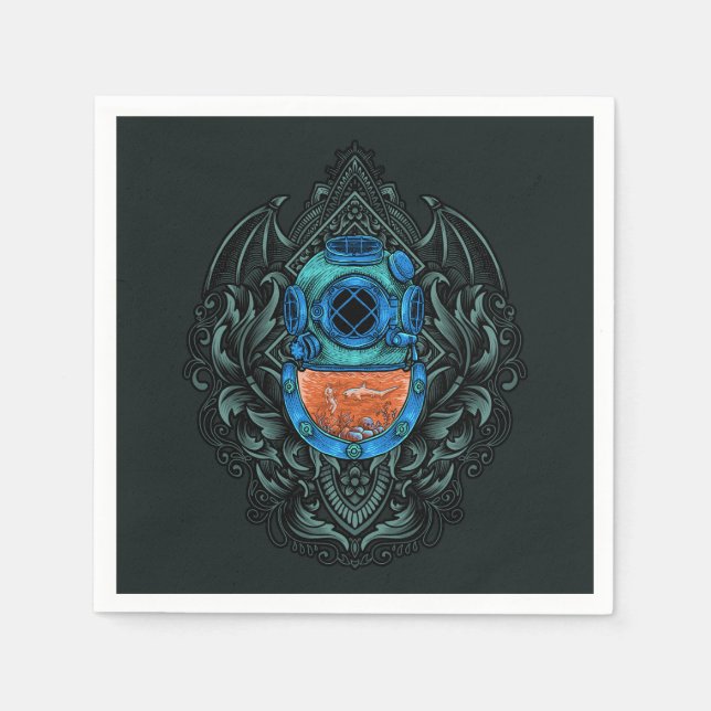 Serviette En Papier Emblème Casque de plongée antique avec requin (Devant)