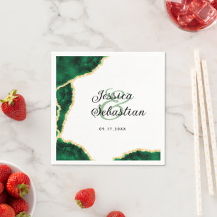 Serviette En Papier Emerald & Gold Agate Blanc Mariage élégant