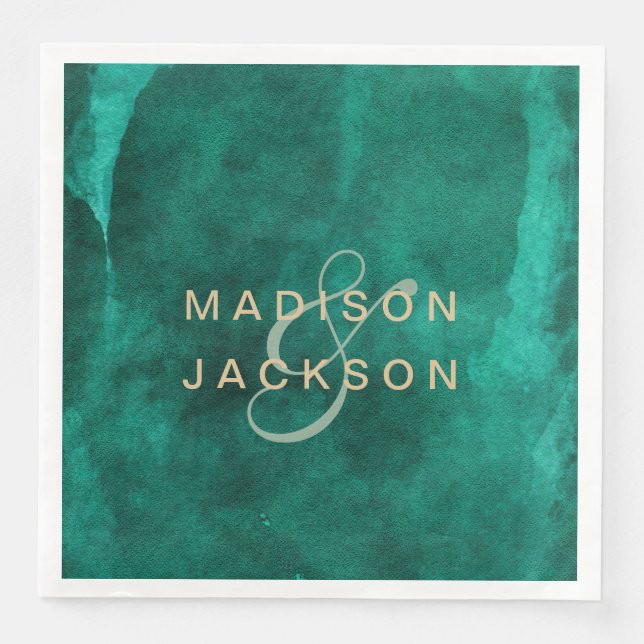 Serviette En Papier Emerald Green Aquarelle & Mariage Or Monogramme (Devant)