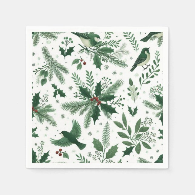Serviette En Papier Emerald Green Birds and Boughs Holiday (Devant)
