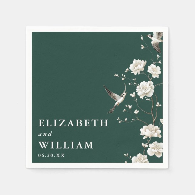 Serviette En Papier Emerald Green Elegant Chinoiserie Floral Mariage (Devant)