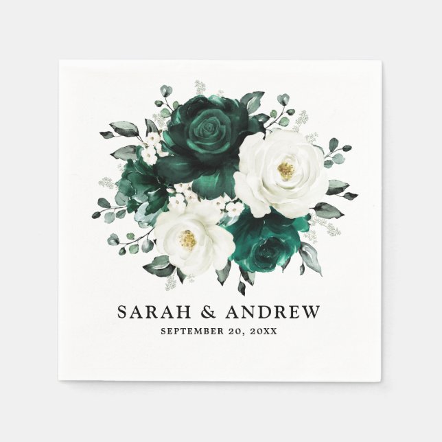 Serviette En Papier Emerald Green Eucalyptus Blanc Floral Mariage (Devant)