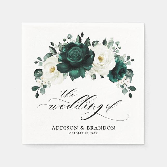 Serviette En Papier Emerald Green Eucalyptus Blanc Floral Mariage (Devant)