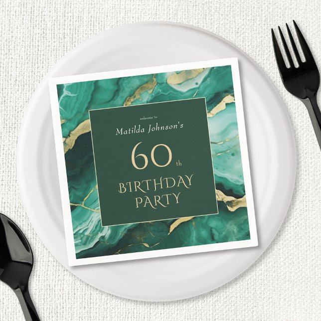 Serviette En Papier Emerald Green Gold Agate 60e fête d'anniversaire (Emerald Green Gold Agate 60th Birthday Party Napkins)