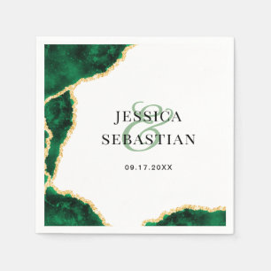 Serviette En Papier Emerald Green Gold Agate Blanc Élégant Mariage