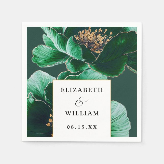 Serviette En Papier Emerald Green Gold Floral Élégant Mariage moderne (Devant)