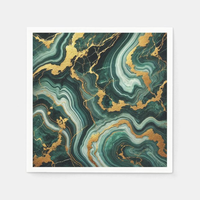 Serviette En Papier Emerald Green & Gold Marble Look Mariage Glam (Devant)
