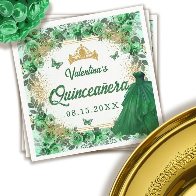 Serviette En Papier Emerald Green Gold Parties scintillant Floral Quin (Emerald Green Gold Glitter Floral Quinceanera Napkins)