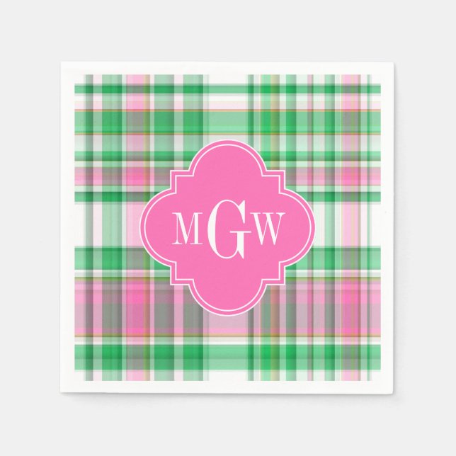 Serviette En Papier Emerald Green Hot Pink Wht Preppy Madras (Devant)