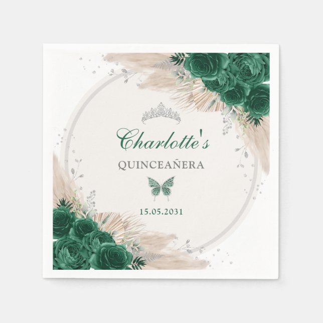 Serviette En Papier Emerald Green Silver Quinceanera Miss Quince 15 (Devant)