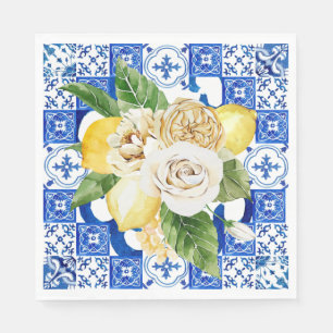 Serviette En Papier Empreinte de carreaux de citron et de fleurs médi