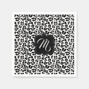 Serviette En Papier Empreinte de léopard noir et blanc avec monogramme