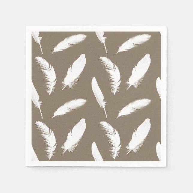 Serviette En Papier Empreinte en plumes blanches sur tan taupe (Devant)