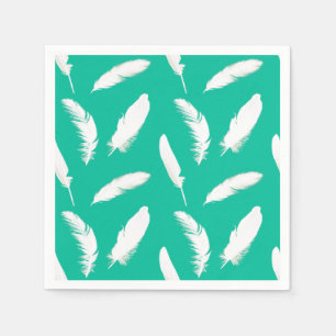 Serviette En Papier Empreinte en plumes blanches sur turquoise / paon