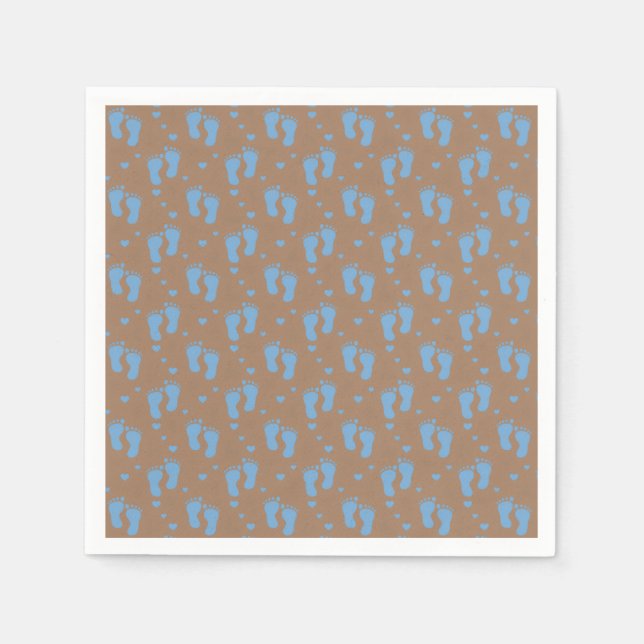 Serviette En Papier Empreintes de bébé bleues sur fond marron (Devant)