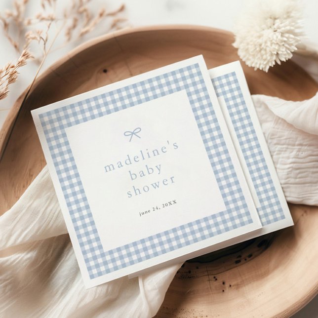 Serviette En Papier en vichy Baby shower simple Bow Dusty Blue Boys (Dusty blue bow gingham boys baby shower napkins.)
