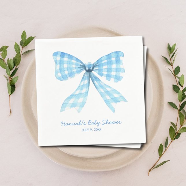 Serviette En Papier en vichy Ruban Bleu Bow bébé garçon douche serviet (Gingham Ribbon Blue Bow Baby Boy Shower Napkins)