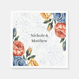 Serviette En Papier Encre Alcool Aquarelle Roses Bleu Orange Mariage