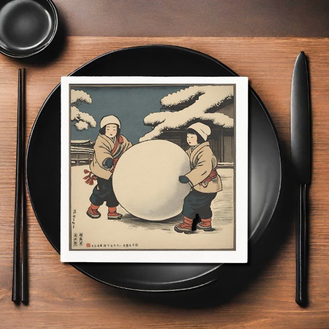 Serviette En Papier Enfants japonais roulant une grosse boule de neige (Créateur téléchargé)