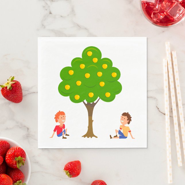 Serviette En Papier Enfants joueuses assis sous un arbre de pomme (Créateur téléchargé)