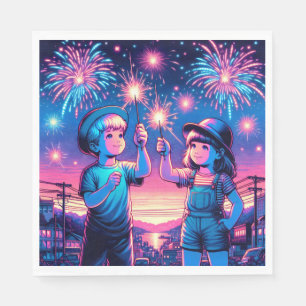 Serviette En Papier Enfants tenant un feu d'artifice le 4 juillet