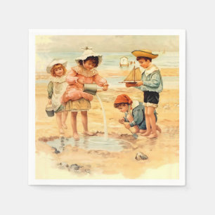Serviette En Papier Enfants victoriens vintage à la plage, Beaux-Arts