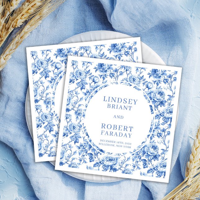 Serviette En Papier Ensemble de serviettes de mariage romantiques rose (Romantic Royal Blue Toile Roses Wedding Napkin Set

)