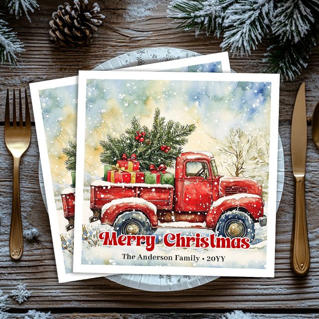 Serviette En Papier Ensemble de serviettes de Noël chic camion rouge s (Chic red truck Christmas scene holiday napkins set)