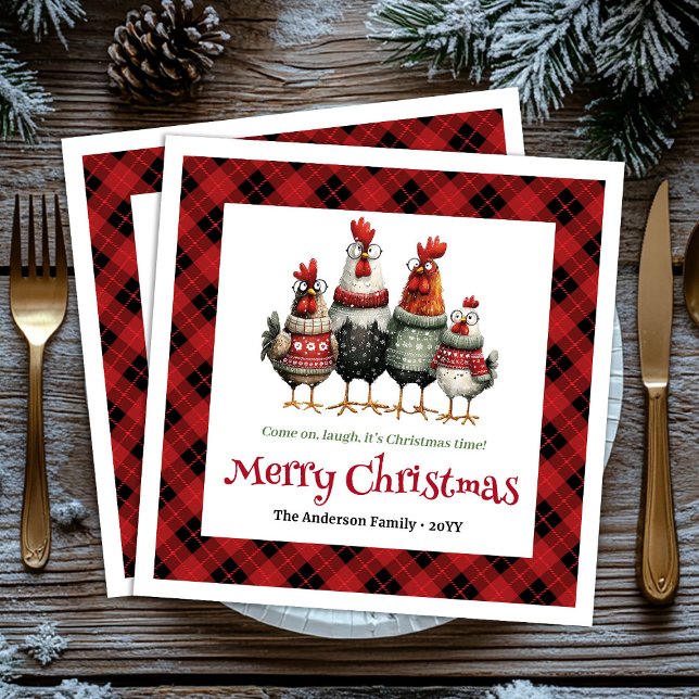 Serviette En Papier Ensemble de serviettes de Noël fantaisistes avec p (Quirky Christmas chickens napkin set custom name)